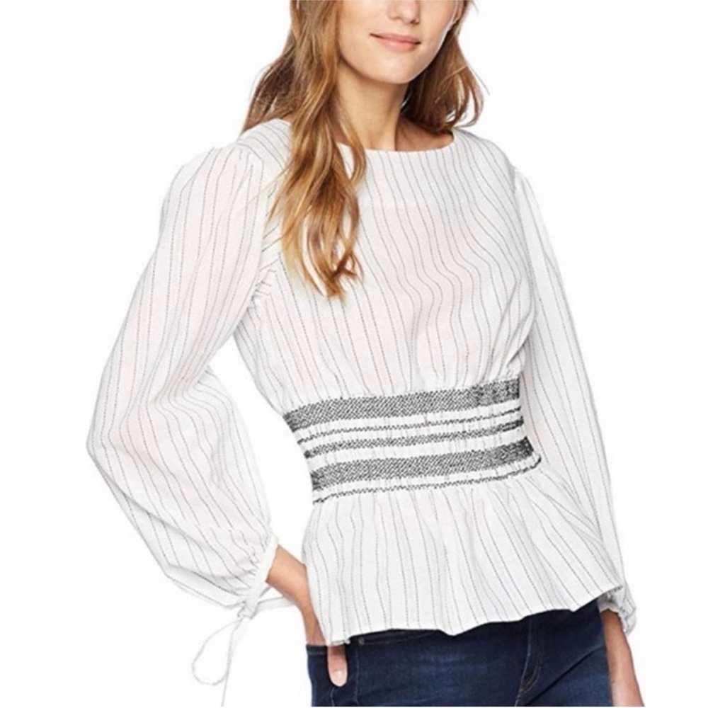 J.O.A. White Pinstripe Smocked Waist Long Sleeve Blouse